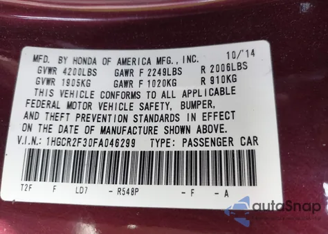 2015 Honda Accord Lx from USA, damaged, VIN 1HGCR2F30FA046299